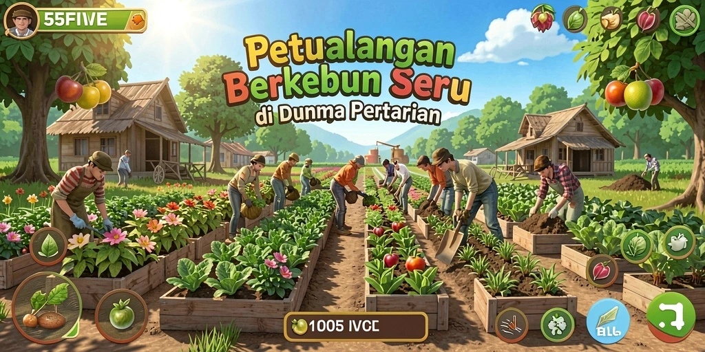Screenshot 55FIVE menampilkan gameplay seru berkebun dan berternak.