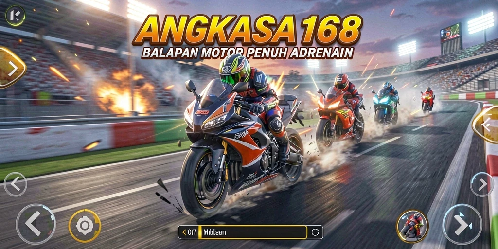 Screenshot utama ANGKASA168 menunjukkan aksi balapan motor yang cepat.
