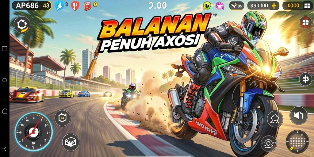 Tampilan gameplay menegangkan dalam AP686 saat balapan motor di trek yang menantang.