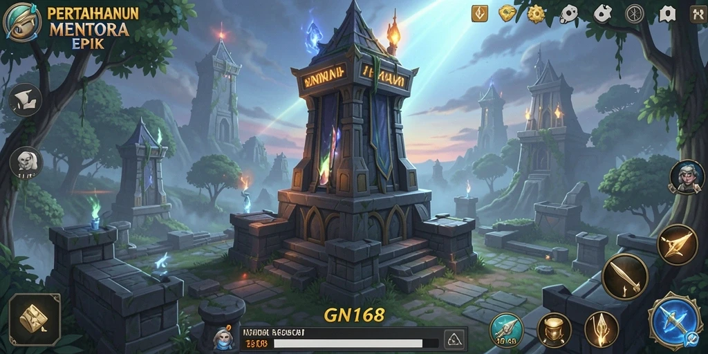 Tangkapan layar menunjukkan gameplay menara pertahanan yang intens.