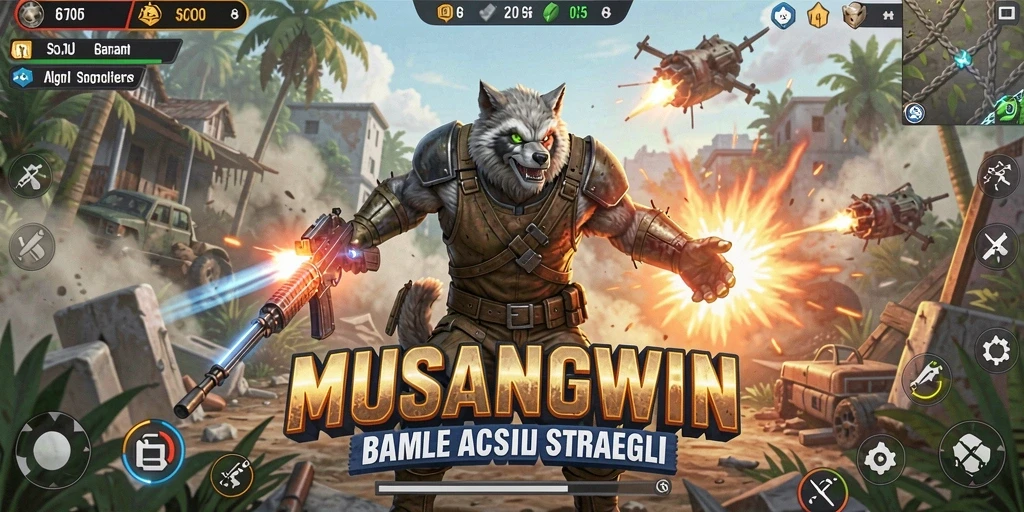 Tampilan gameplay MUSANGWIN yang penuh aksi di medan perang Battle Royale.