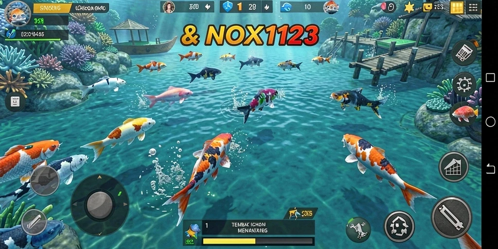 Tampilan gameplay NOX123 dengan aksi menembak ikan.